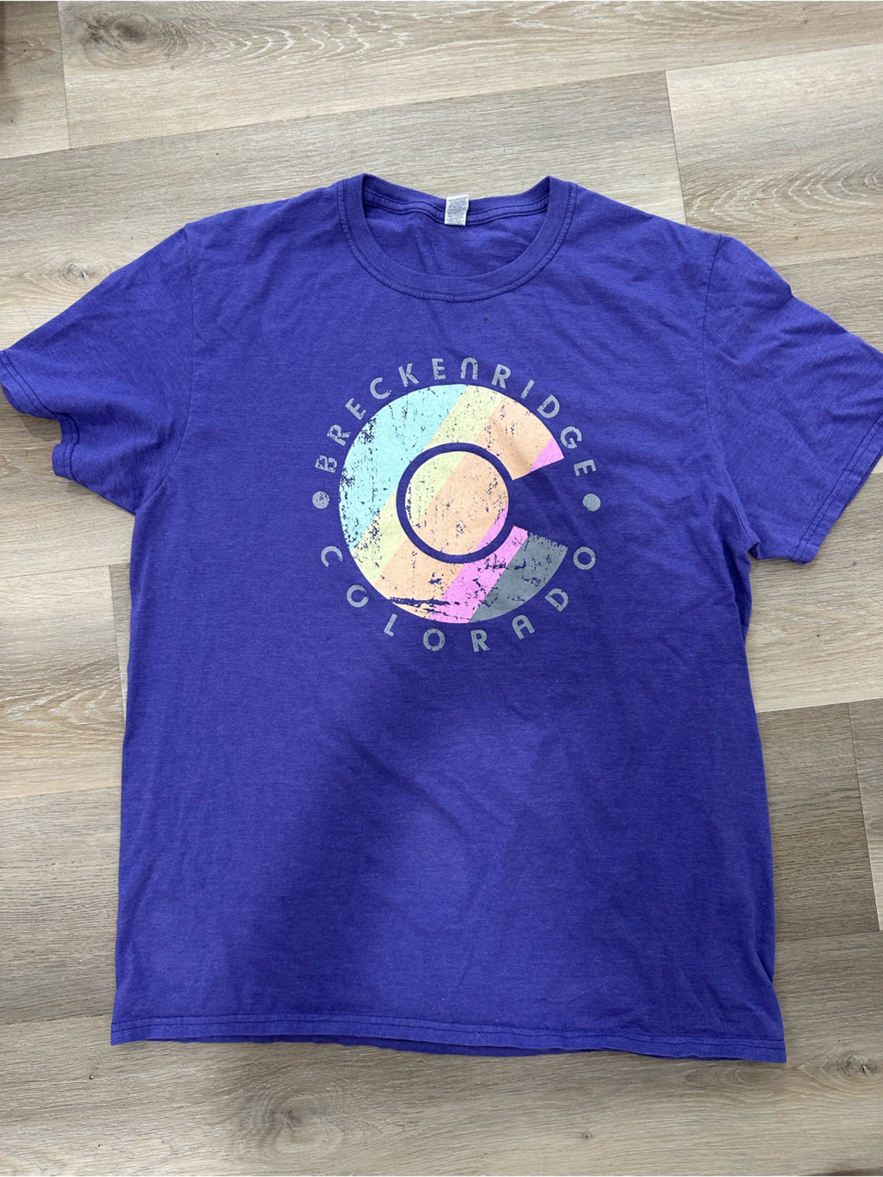 Breckenridge Colorado Purple Tee With Pastel Rainbow Circle Logo